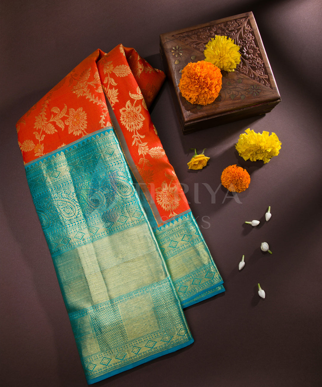 Orange And Aquamarine Kanchipuram Silk Saree - TSW0945