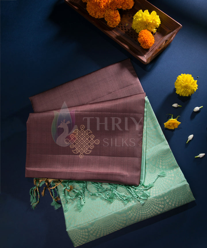 Brown And Pista Green Soft Silk Saree with Kolam Design Pattern - TSSS060501