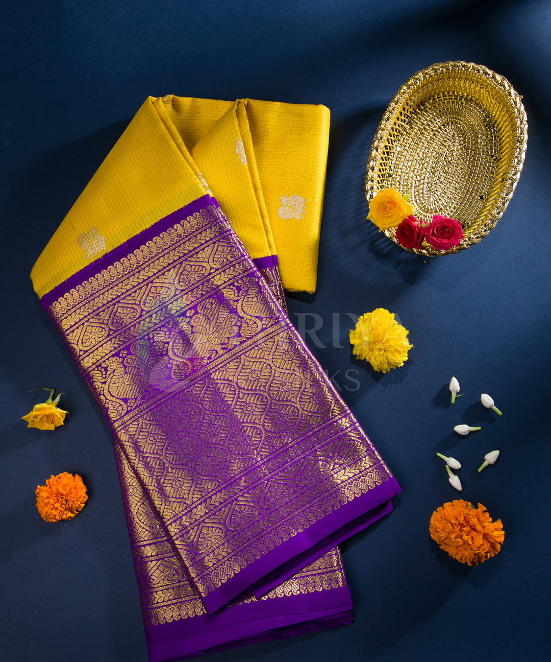 Yellow and Violet Pure Zari Kanchipuram Silk Saree - TSW0811