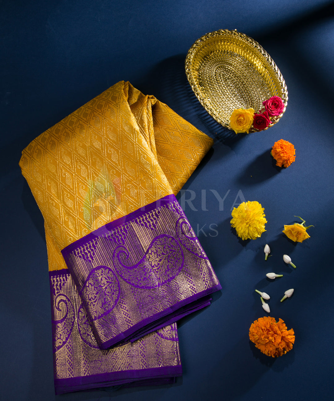 Mustard Yellow and Dark Blue Pure Zari Kanchipuram Silk Saree - TSW0814 - View 1