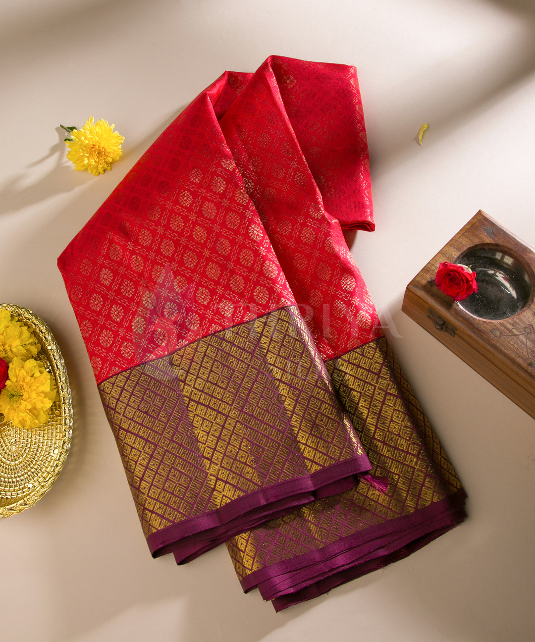 Tomato Red with Dark Maroon Border Pure Zari Kanchipuram Silk Saree - TSW0813 - View 1