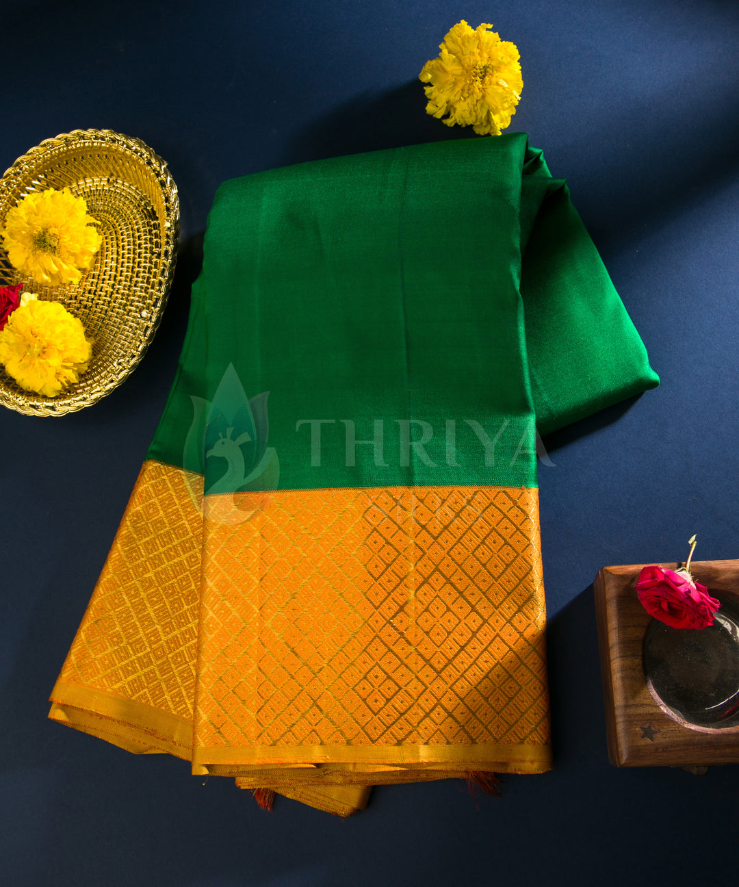 Bottle Green and Mustard Pure Zari Kanchipuram Silk Saree - TSW0794 - VIEW 1