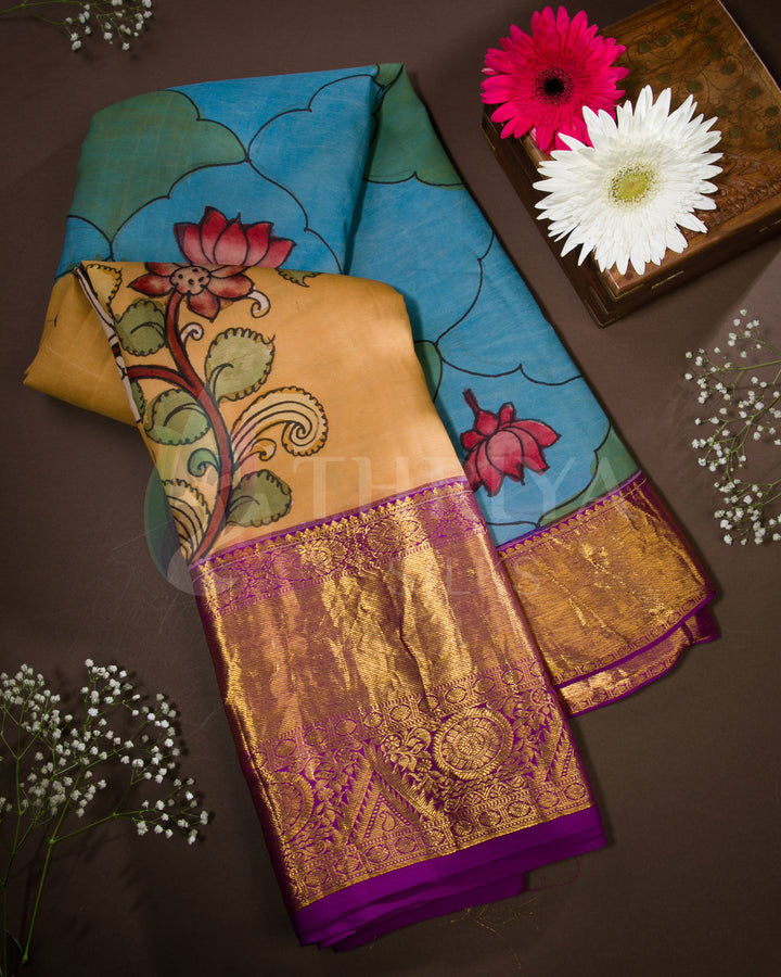 Teal, Yellow And Magenta Kalamkari Kanchipuram Silk Saree - TSW1099