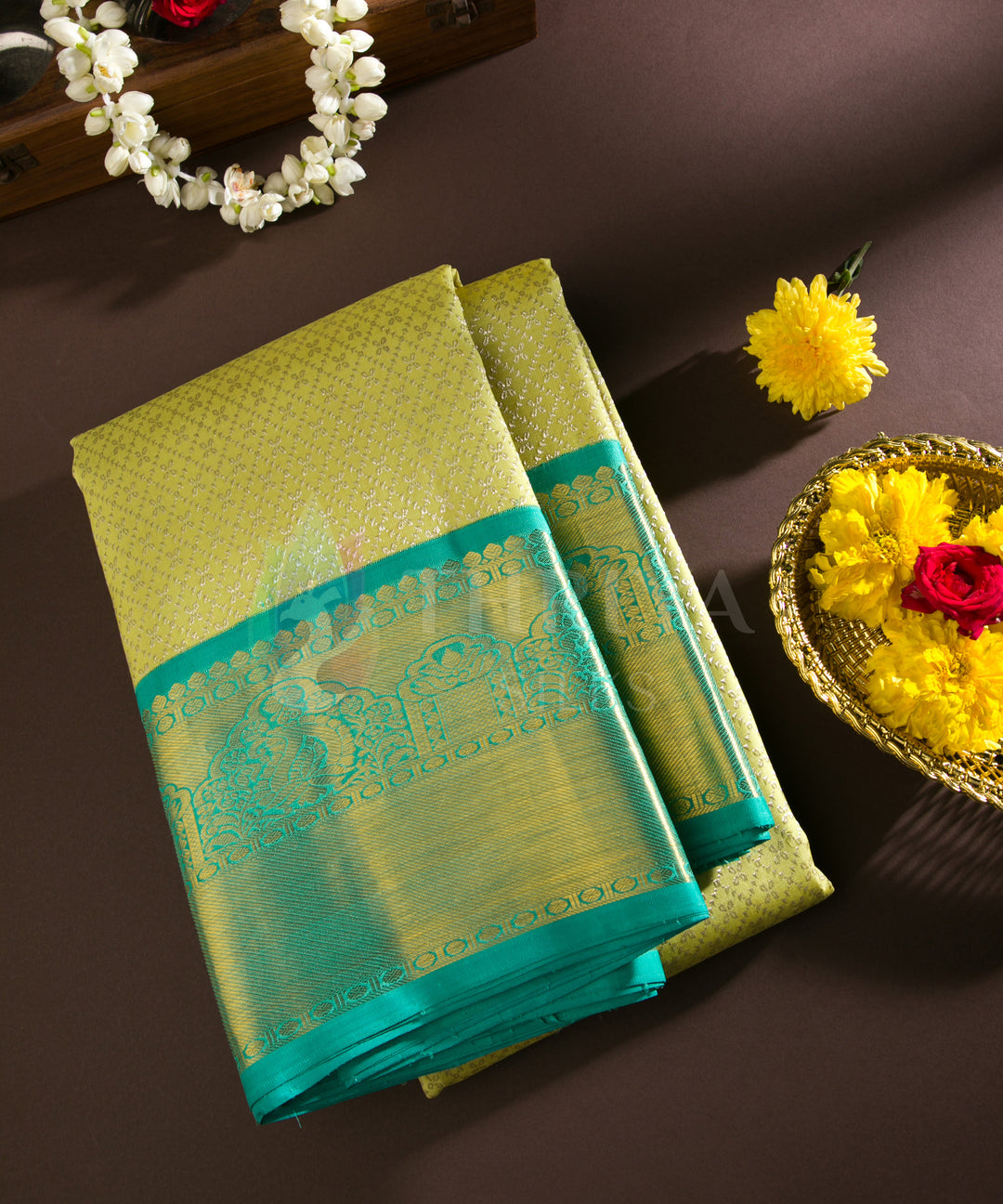 Yellow with Green Kanchipuram Silk Saree - TSW1181 - View 1