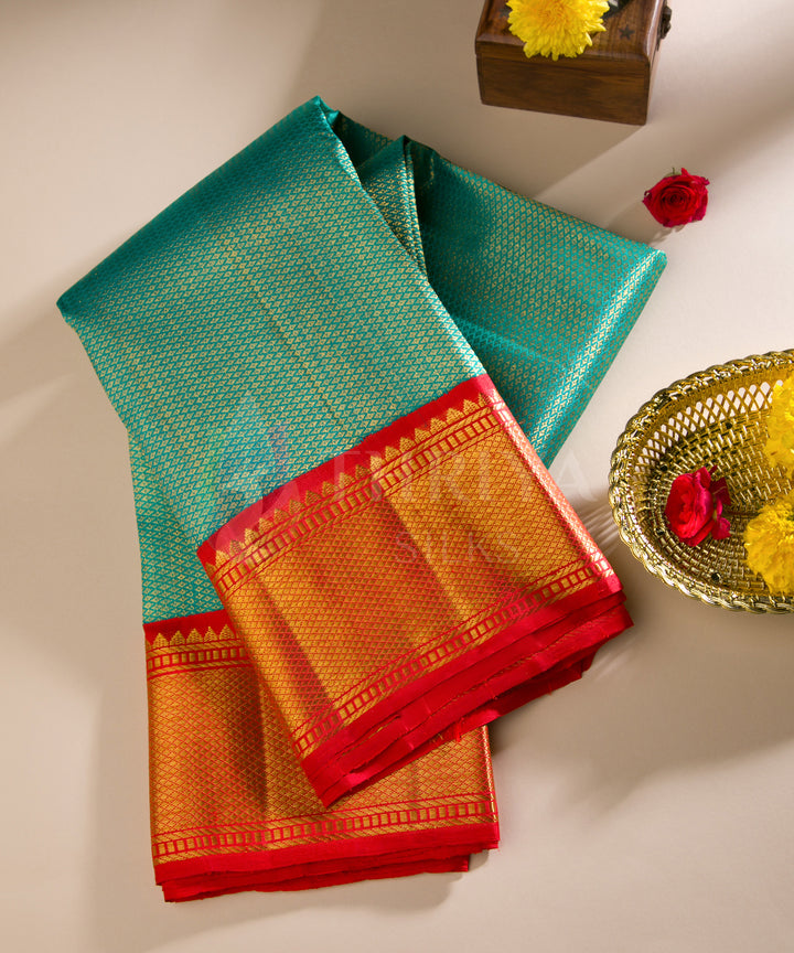 Turquoise with Red Kanchipuram Silk Saree - TSW1212 - View 1