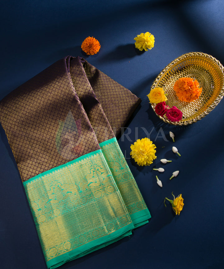 Brown with Sea Green Border Pure Zari Kanchipuram Silk Saree - TSW0812