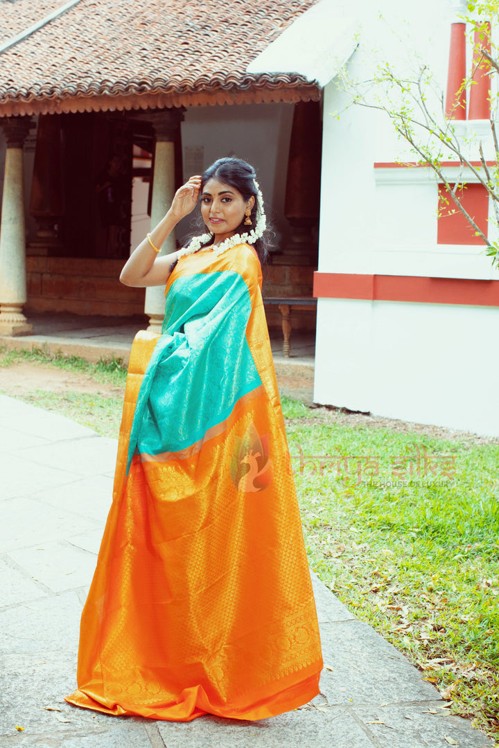 Pista Green And Orange Kanchipuram Silk Saree - TSW0918