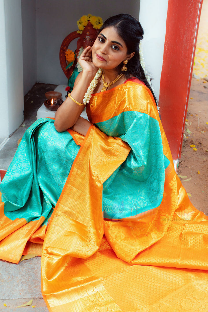 Pista Green And Orange Kanchipuram Silk Saree - TSW0918
