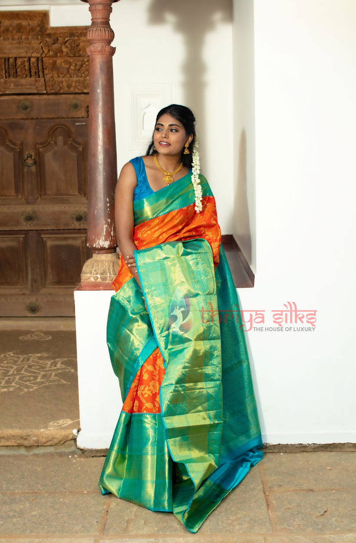 Orange And Aquamarine Kanchipuram Silk Saree - TSW0945