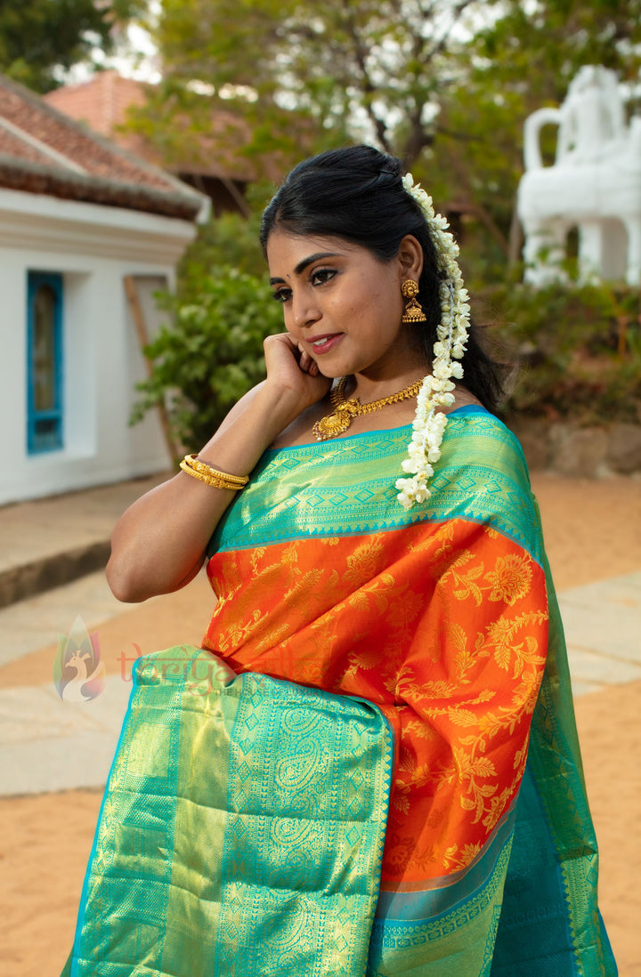 Orange And Aquamarine Kanchipuram Silk Saree - TSW0945