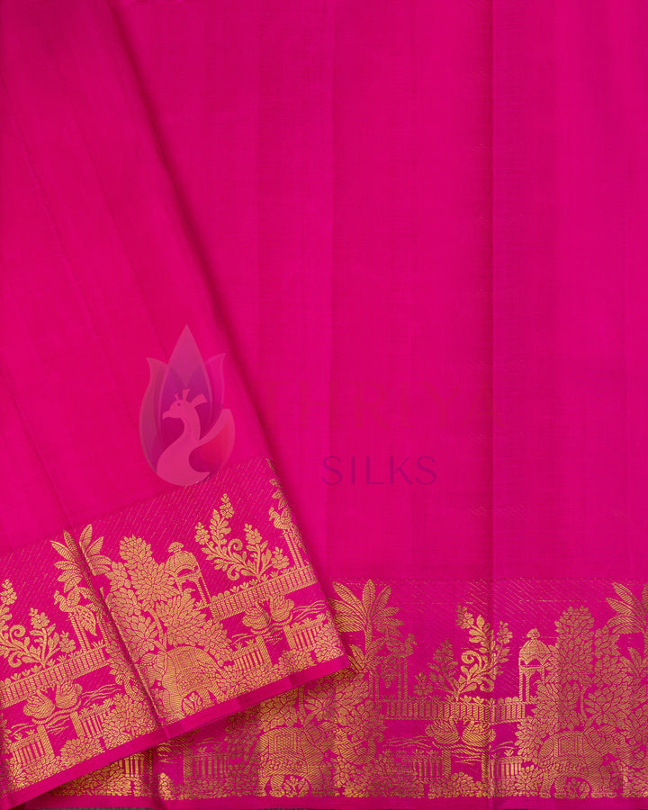 Bright pink silk blouse piece with rich golden zari temple border complementing off-white Kanjivaram saree