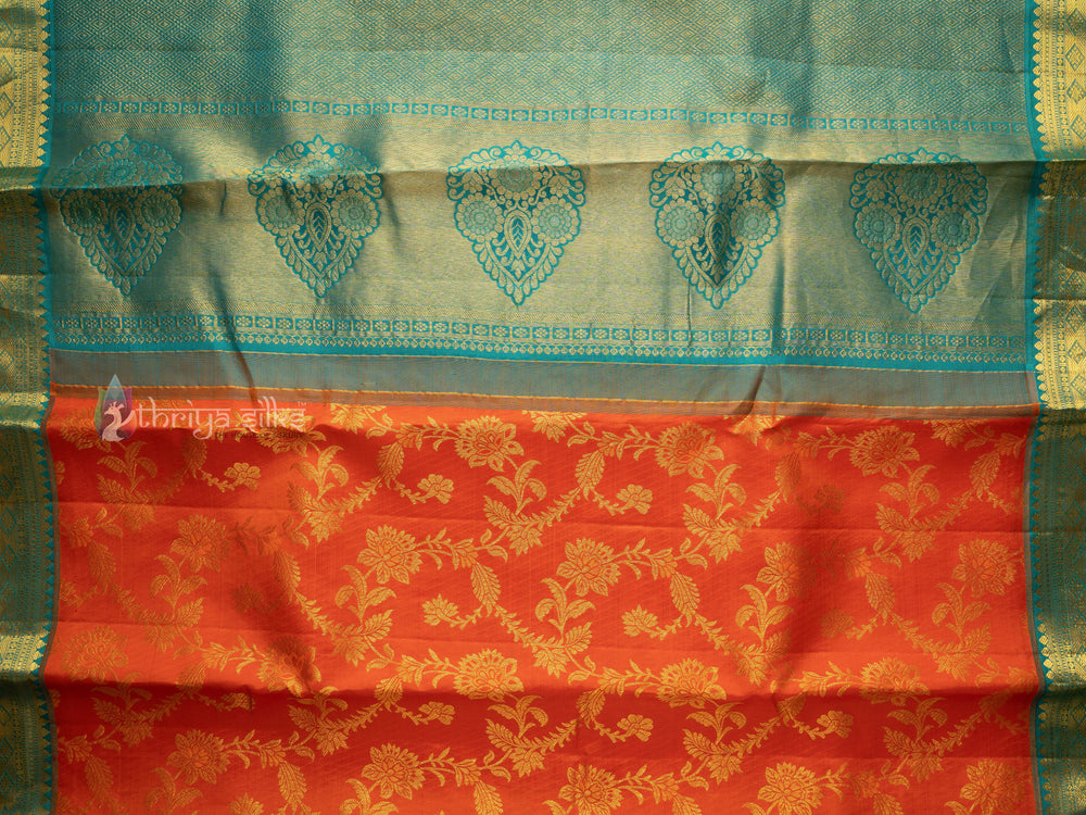 Orange And Aquamarine Blue Kanchipuram Silk Saree - TSW0945 - View 1