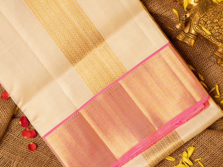 Half White with Pink Border Kanchipuram Silk Dhoti for Men - TSND33 - VIew 1