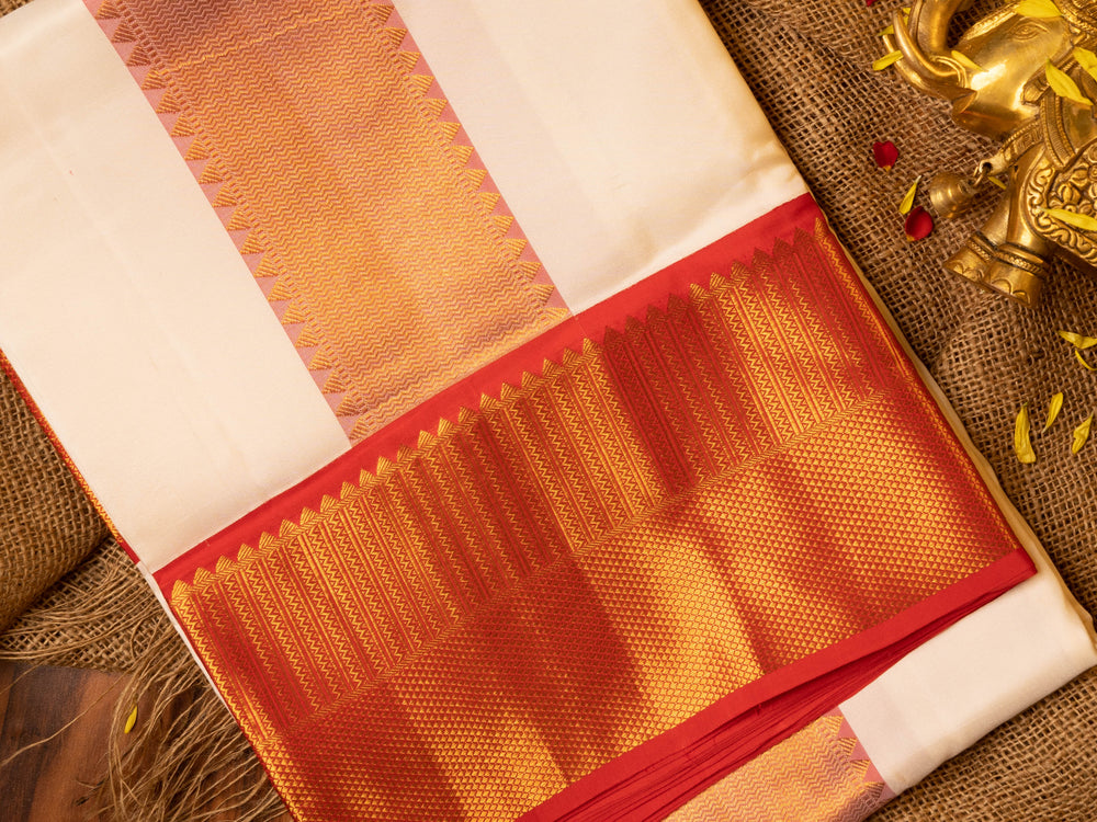 Half White with Red Border Kanchipuram Silk Dhoti for Men - TSMD26 = View 1