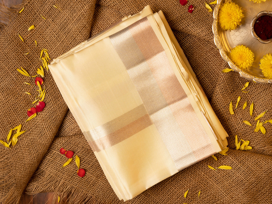Half White with Silver Border Kanchipuram Silk Dhoti for Men - TSMD29