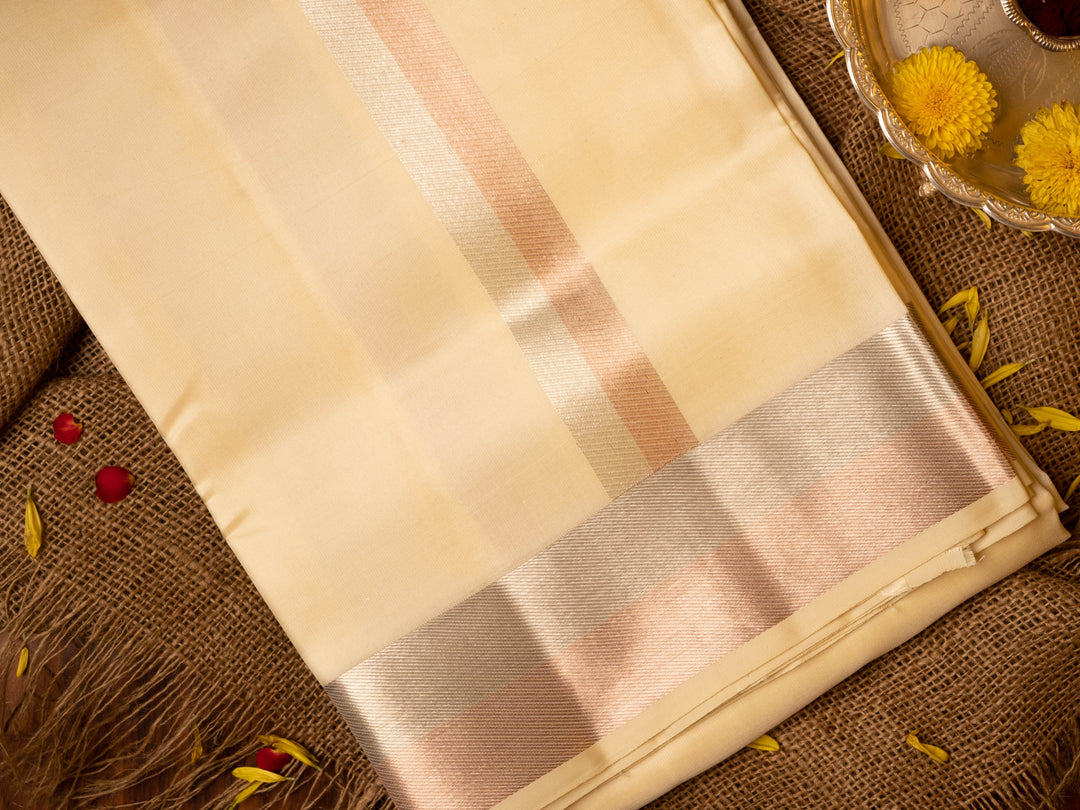 Half White with Silver Border Kanchipuram Silk Dhoti for Men - TSMD29 - VIew 1