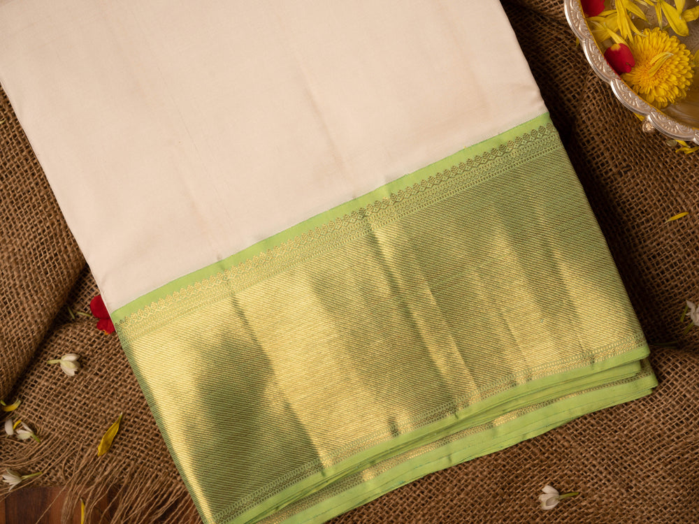 Half White with Parrot Green Border Kanchipuram Silk Dhoti for Men - KTA0097 - View 1