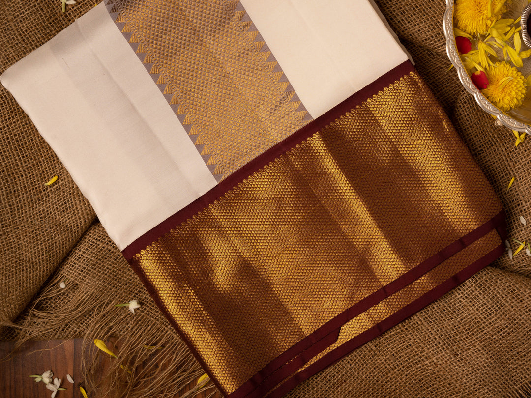 Half White with Maroon Border Kanchipuram Silk Dhoti for Men - TSMD27 - VIew 1