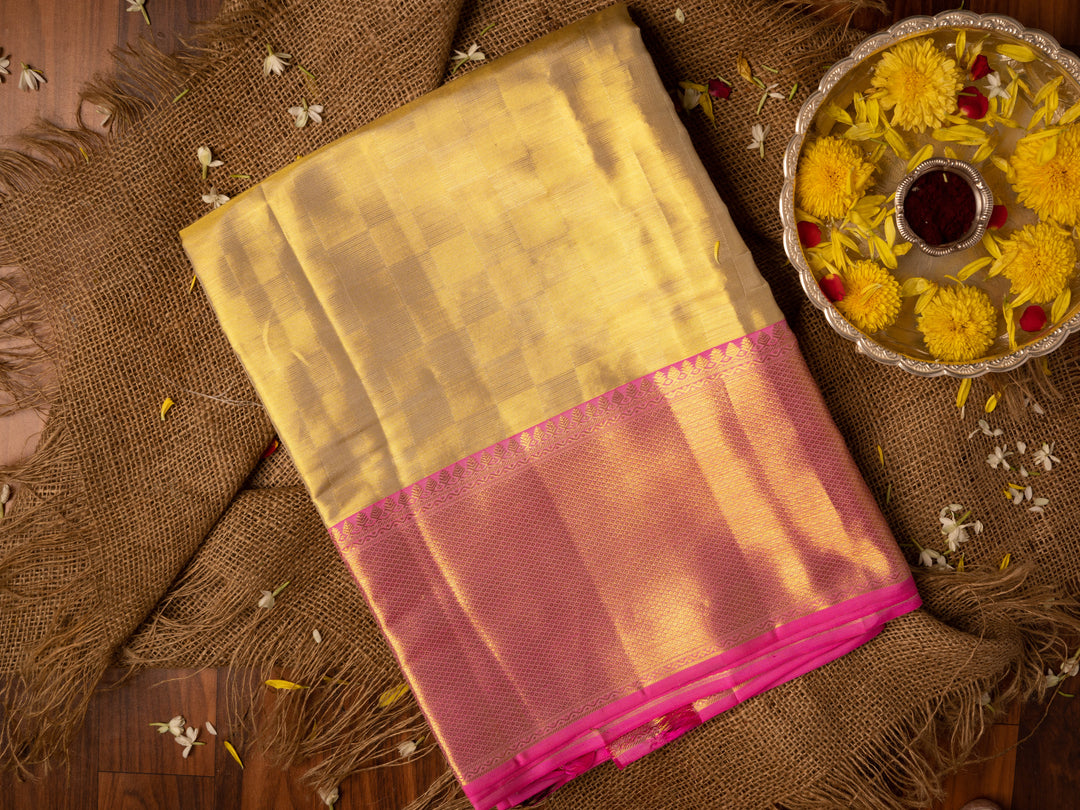 Gold with Pink Border Kanchipuram Silk Dhoti for Men - TSMD18