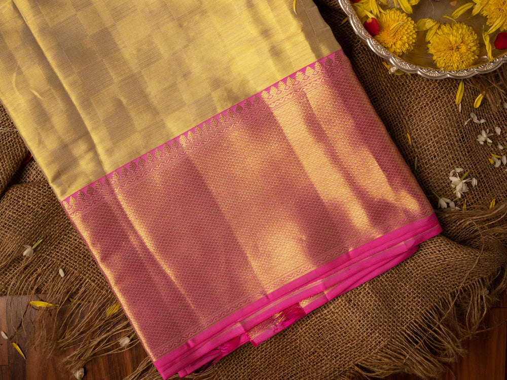 Gold with Pink Border Kanchipuram Silk Dhoti for Men - TSMD18