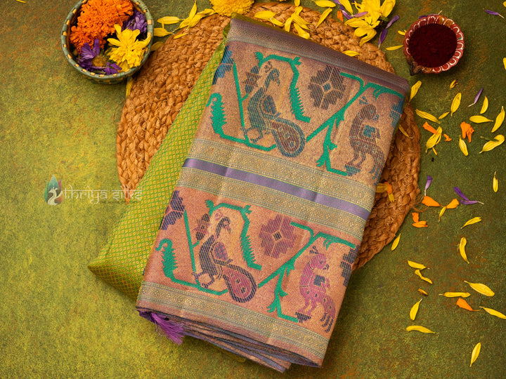 Green with Lavender Border Pure Zari Meenakari Kanchipuram Silk Saree - TSW0799