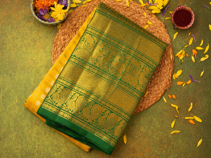 Yellow and Green Pure Zari Kanchipuram Silk Saree - TSW0824 - View 1