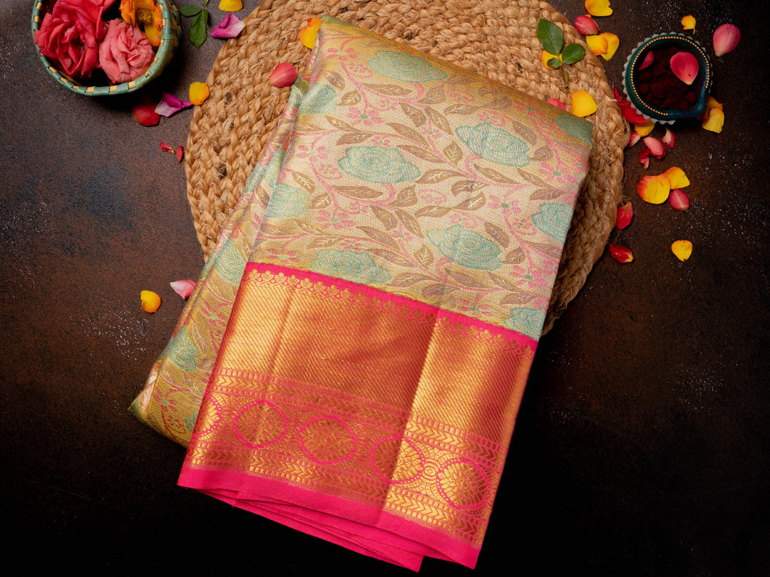 Gold with Pink Pure Zari Uppada Silk Saree - TSW0798