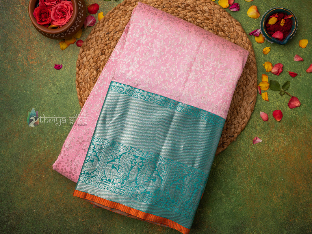 Baby Pink And Aquamarine Blue Kanchipuram Silk Saree - TSW0946