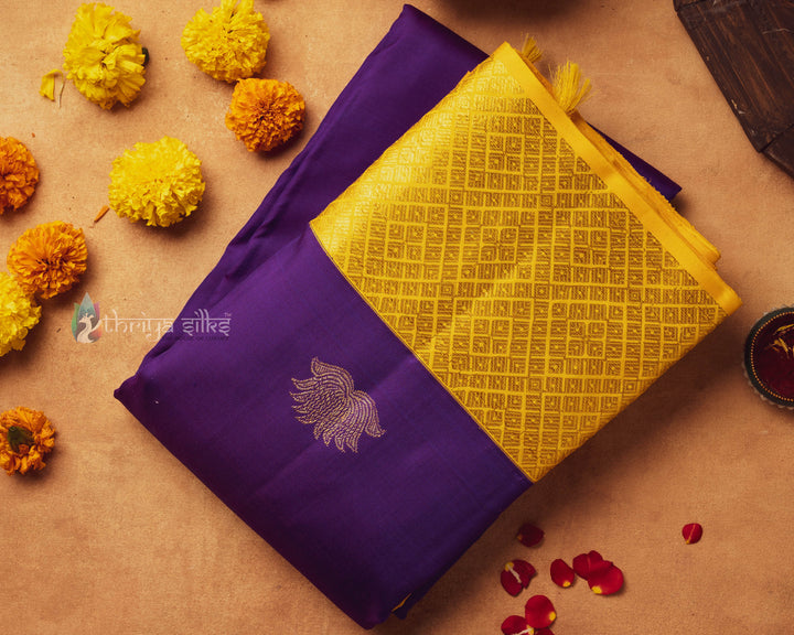 Violet with Yellow Border Pure Zari Kanchipuram Silk Saree - TSW0793