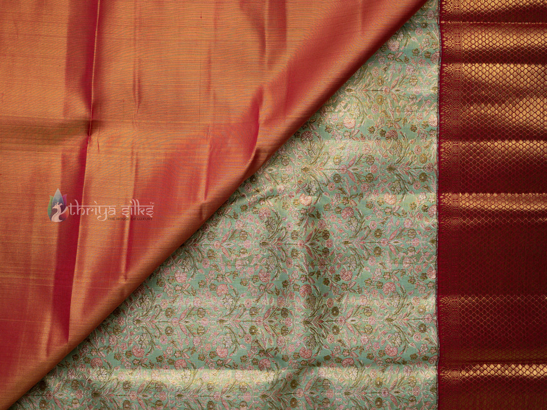 Sea Green With Pink Border Pure Zari Kanchipuram Silk Saree -  TSW0786 - VIew 3