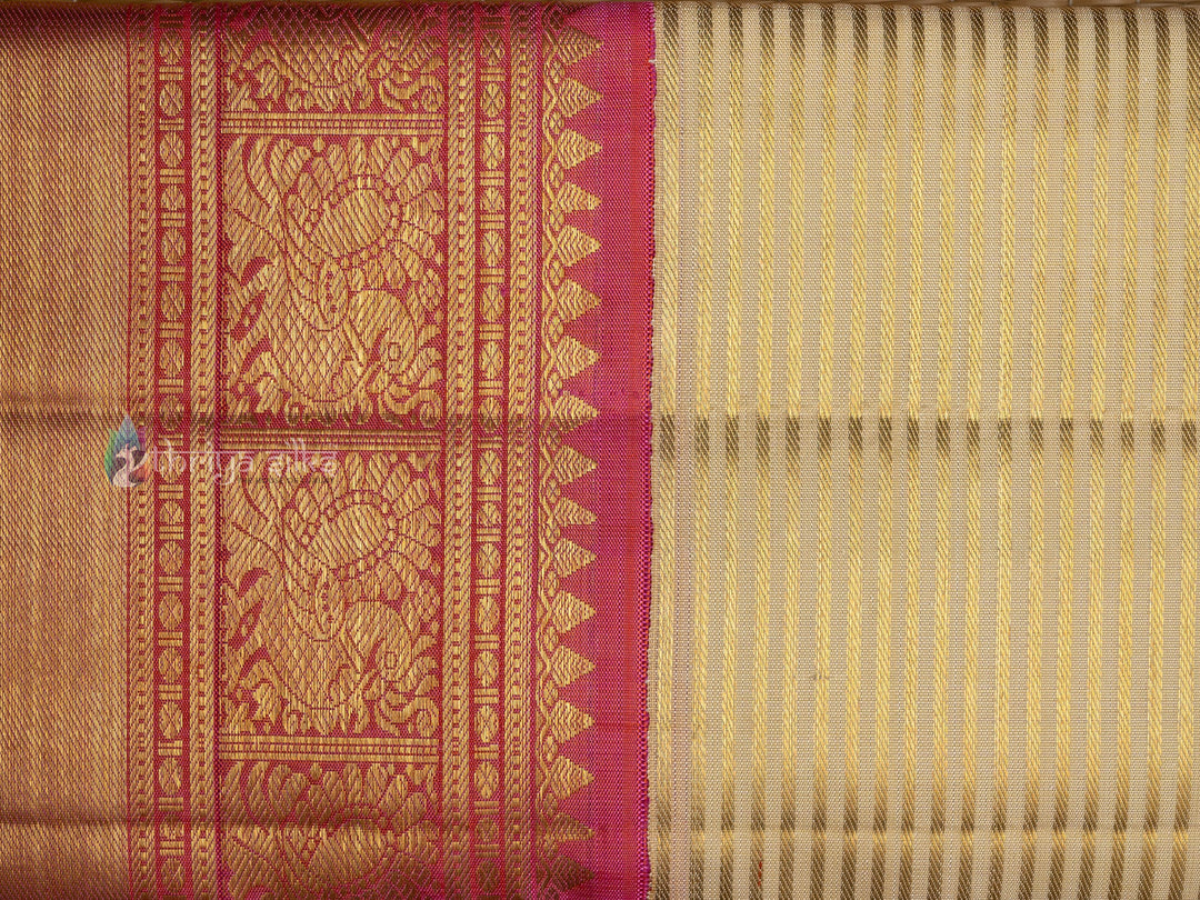 Half White with Pink Border Pure Zari Kanchipuram Silk Saree - TSW0790 - VIew 4