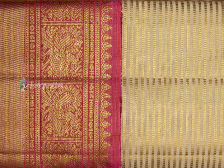 Half White with Pink Border Pure Zari Kanchipuram Silk Saree - TSW0790 - VIew 4