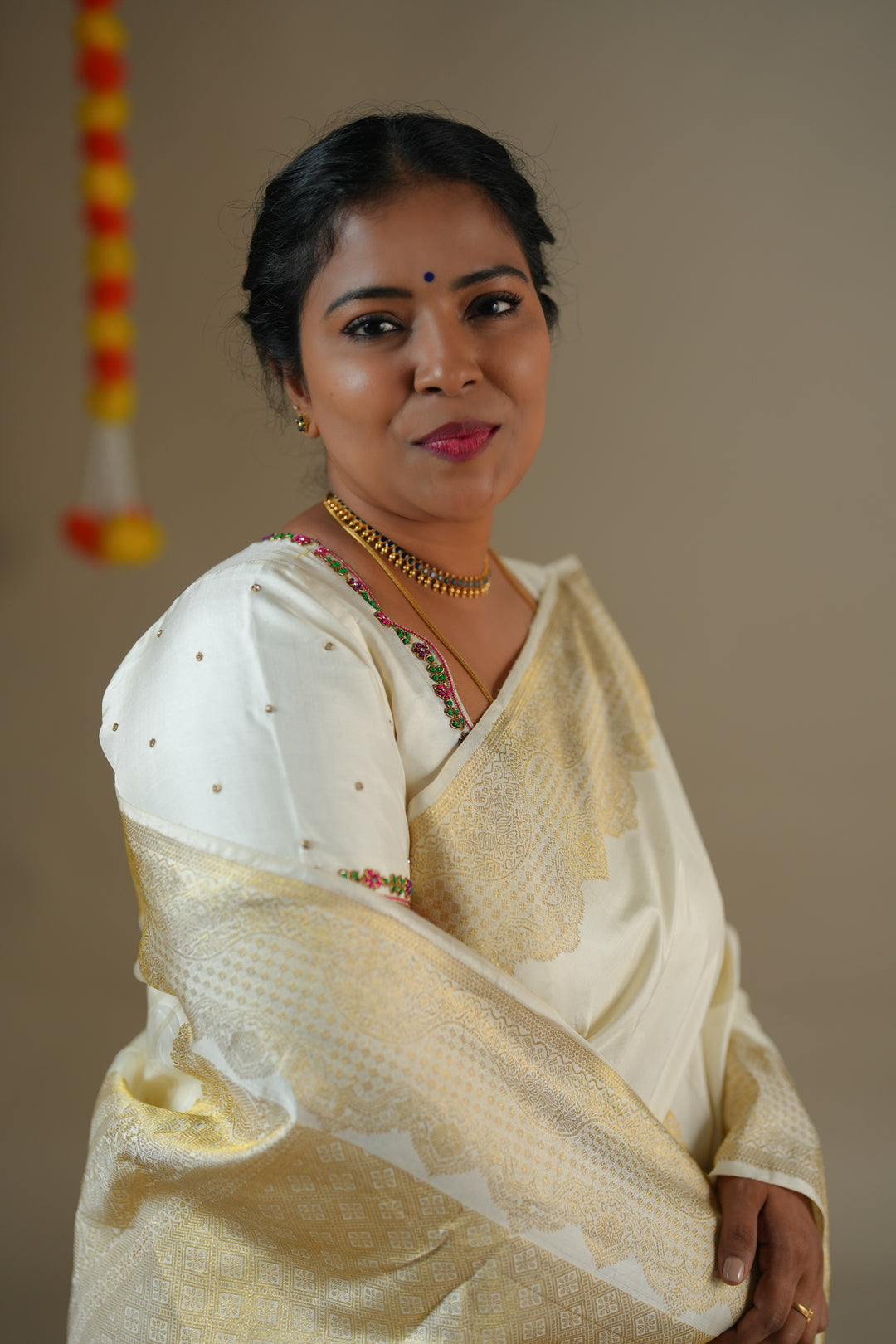 Half white/ Cream Kanchipuram Silk Saree - TSW0909