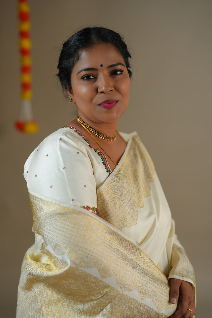 Half white/ Cream Kanchipuram Silk Saree - TSW0909