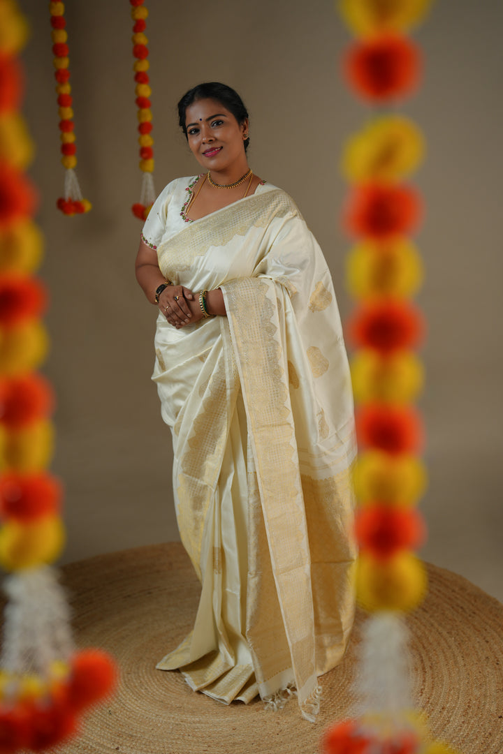 Half white/ Cream Kanchipuram Silk Saree - TSW0909