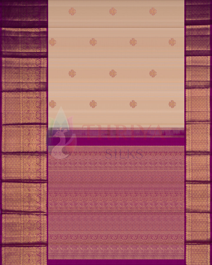 Full layout of cream and purple Kanjivaram silk saree with golden zari floral buttas and rich zari border