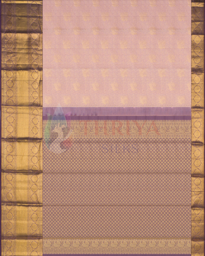Full layout of light pink and purple Kanjivaram silk saree with gold woven pallu