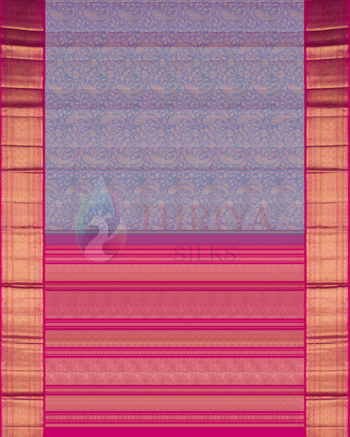 Full pastel blue Kanjivaram silk saree with gold zari floral motifs and pink zari border