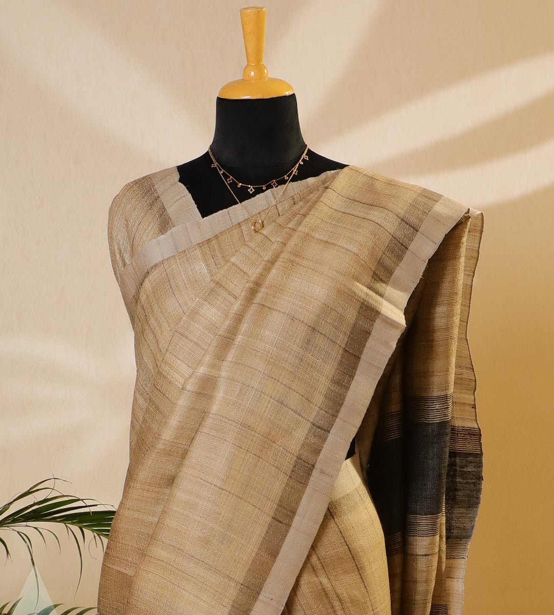 Beige & Black Tussar Saree - TSW150308