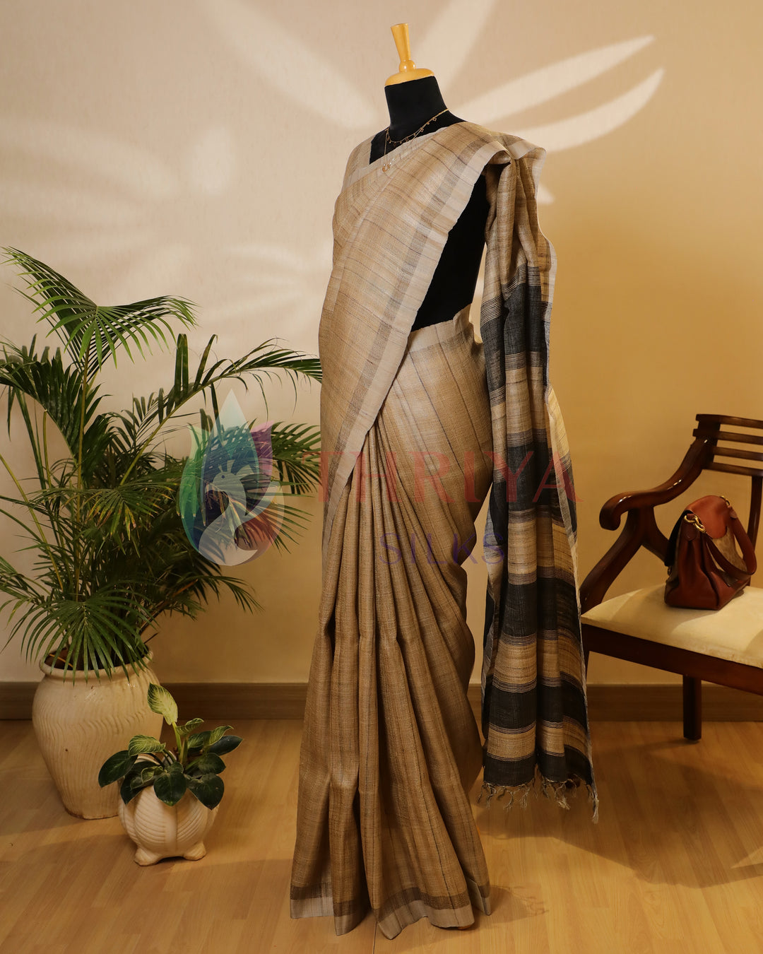 Beige & Black Tussar Saree - TSW150308