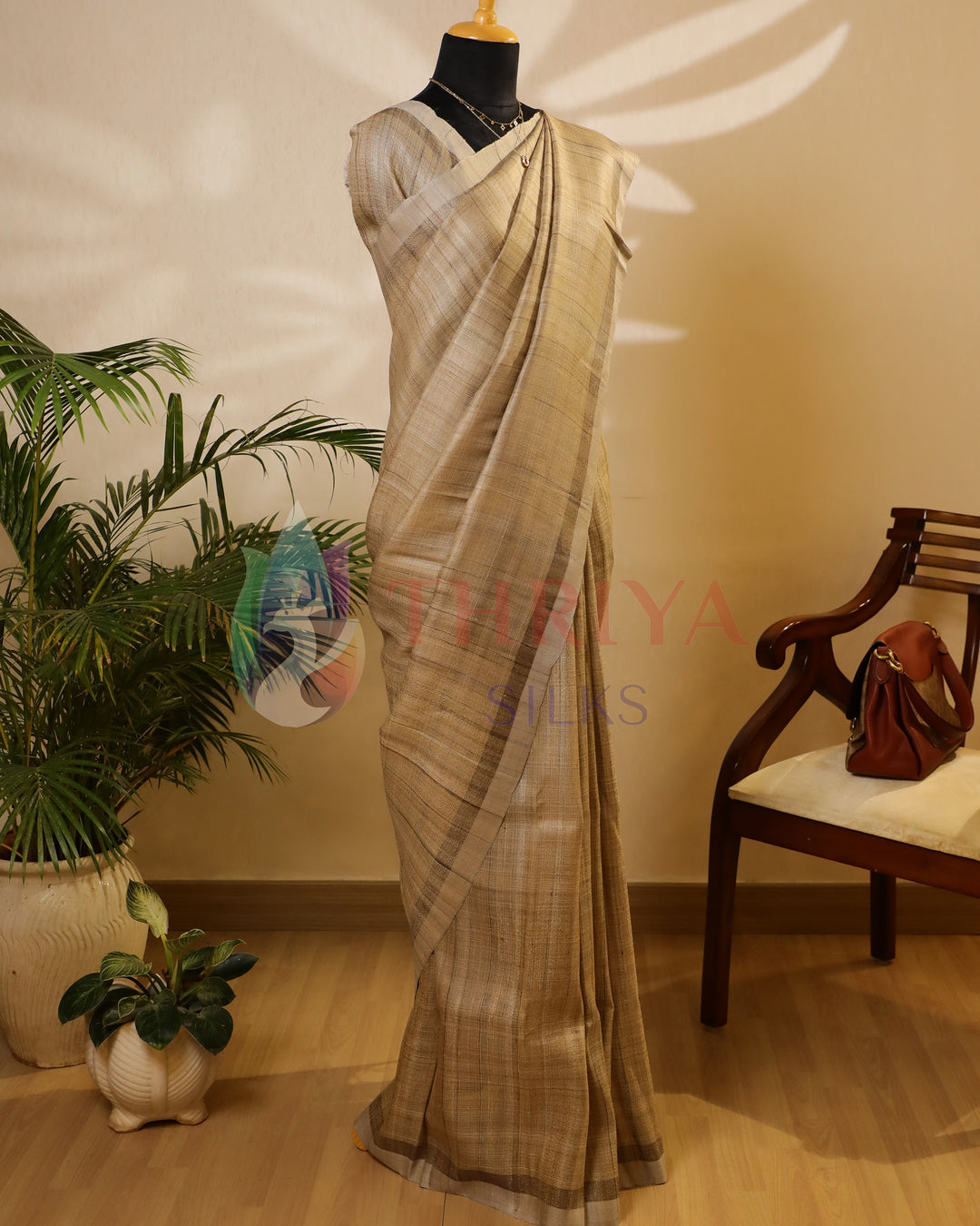 Beige & Black Tussar Saree - TSW150308