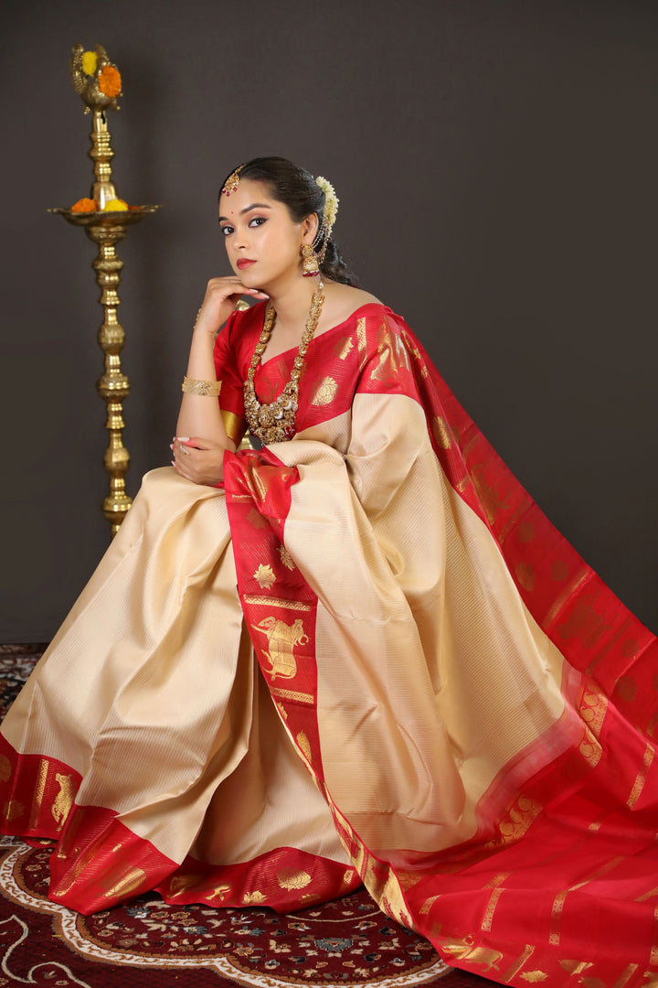 White And Red Kanchipuram Silk Saree - TSW130801