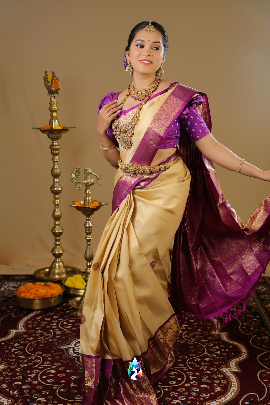 Sandal & magenta Kanchipuram Silk Saree With Pure Zari  - TS190601