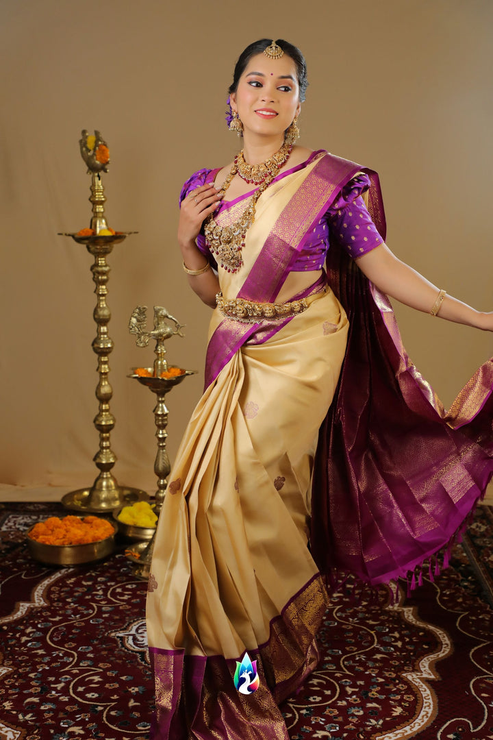 Sandal & magenta Kanchipuram Silk Saree With Pure Zari  - TS190601