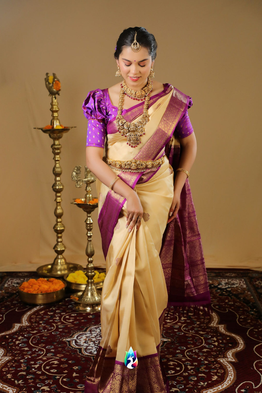 Sandal & magenta Kanchipuram Silk Saree With Pure Zari  - TS190601