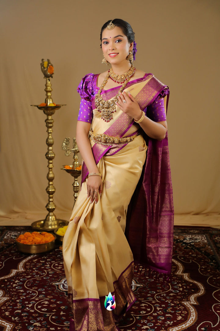 Sandal & magenta Kanchipuram Silk Saree With Pure Zari  - TS190601