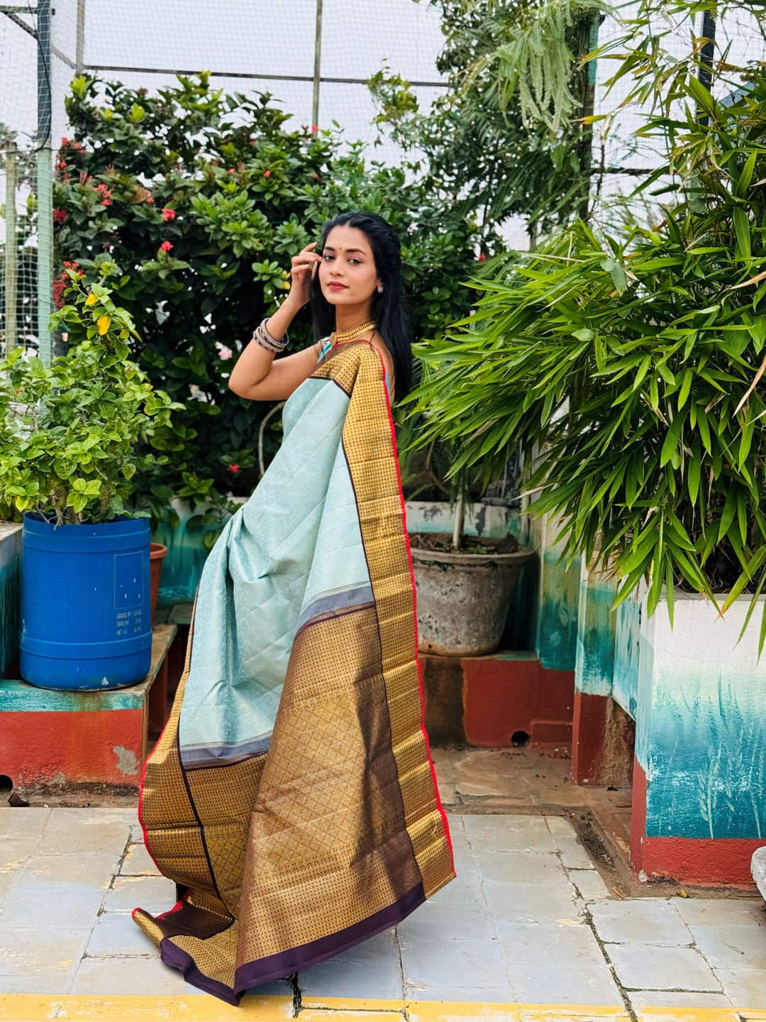 Light Sky Blue with Dark Burgundy Kanchipuram Silk Saree -TSW020831
