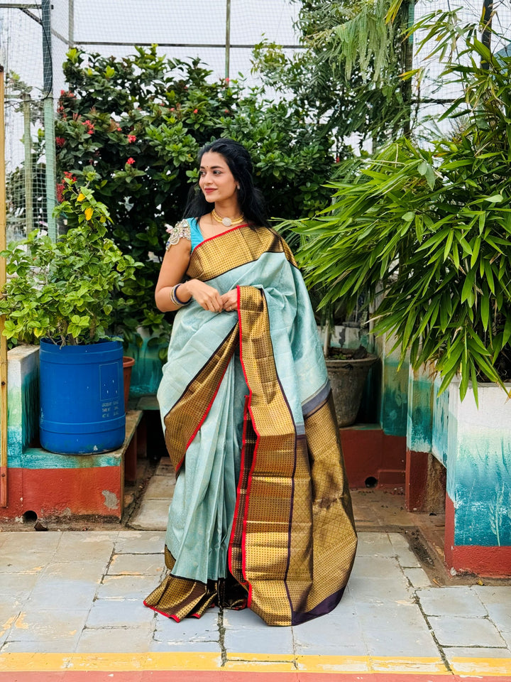 Light Sky Blue with Dark Burgundy Kanchipuram Silk Saree -TSW020831