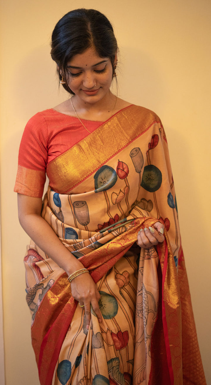 Multicolour Kalamkari Kanchipuram Silk Saree - TSW0867