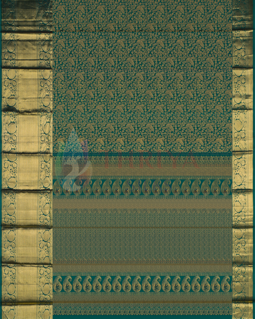 Full view of green Kanchipuram silk saree with traditional motifs and grand gold zari pallu